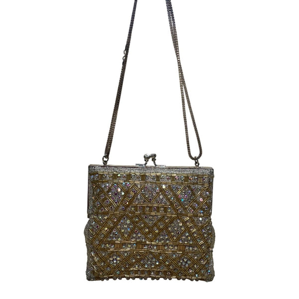 Vintage Women’s Gold Crystal Beaded Clutch Bag With Chain Strap & Satin Lining