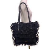 Jessica Simpson Women’s Black Straw Contrast Trim Ruffle Shoulder Tote Bag