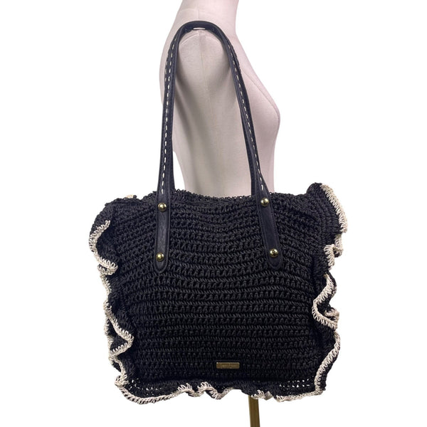 Jessica Simpson Women’s Black Straw Contrast Trim Ruffle Shoulder Tote Bag
