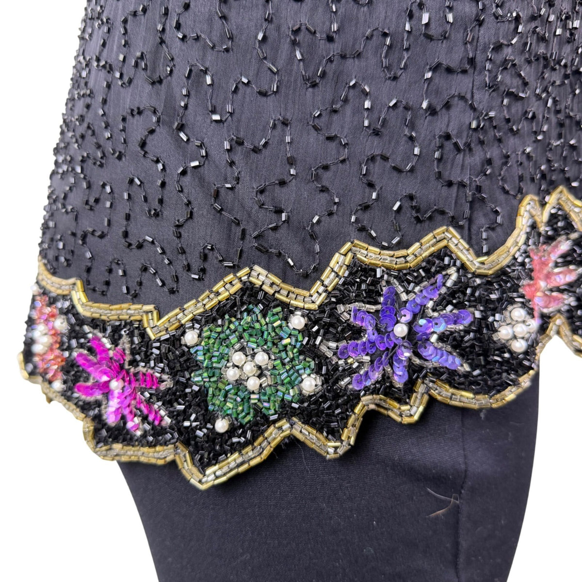 Lawrence Kazar Womens Black Beaded Silk  Jacket & Top Floral Embellished Sz 2X