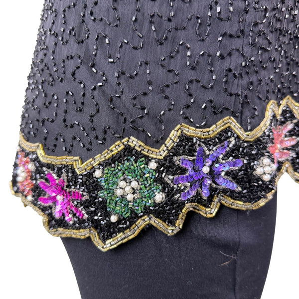 Lawrence Kazar Womens Black Beaded Silk  Jacket & Top Floral Embellished Sz 2X