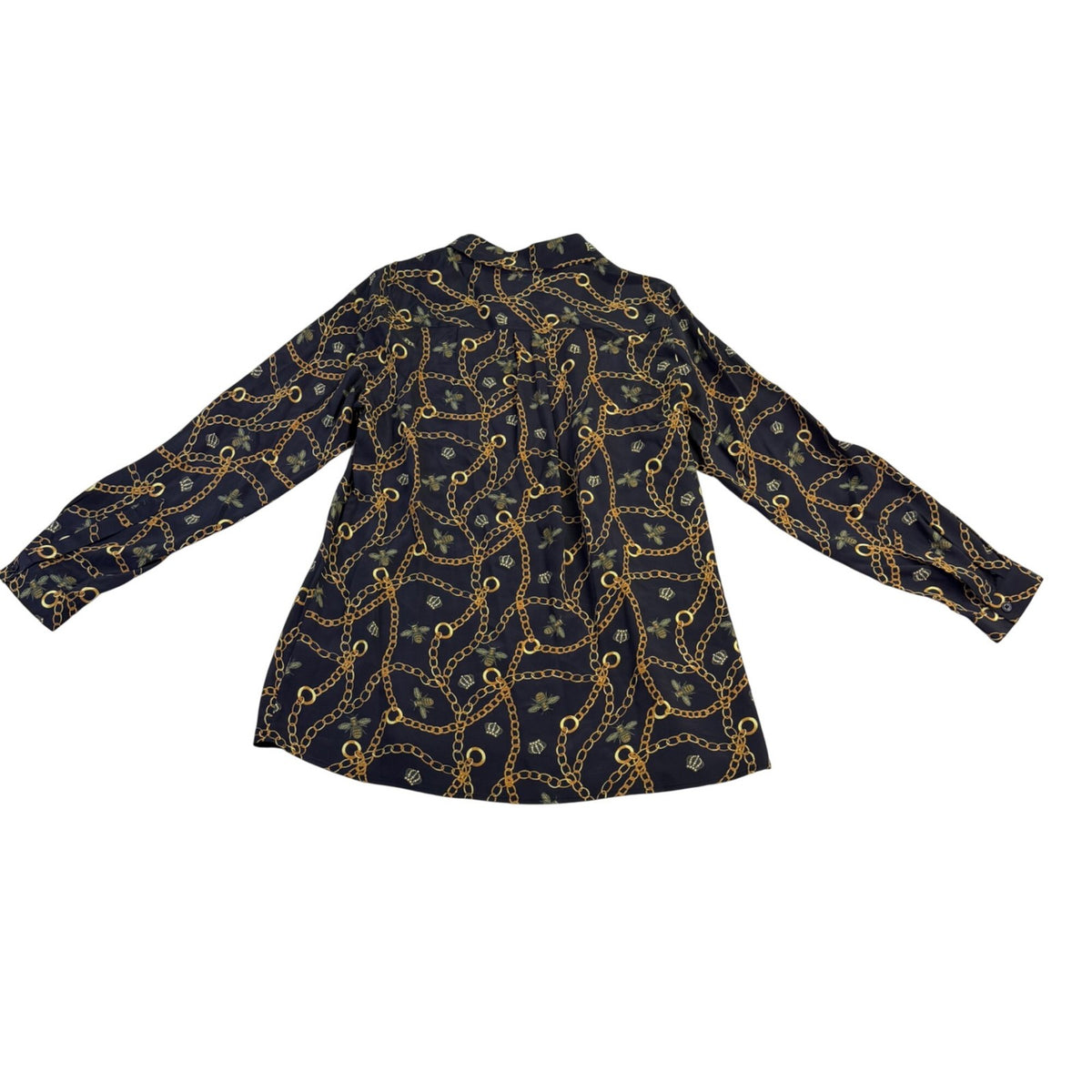 D2 Womens Black Gold Chain Bee Pattern Button-Up Blouse Long Sleeves Size M