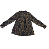 D2 Womens Black Gold Chain Bee Pattern Button-Up Blouse Long Sleeves Size M