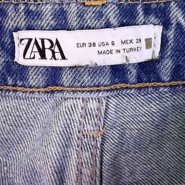 Zara Womens Blue Cotton Straight Leg Frayed Hem Jeans High Waist Denim Size 6