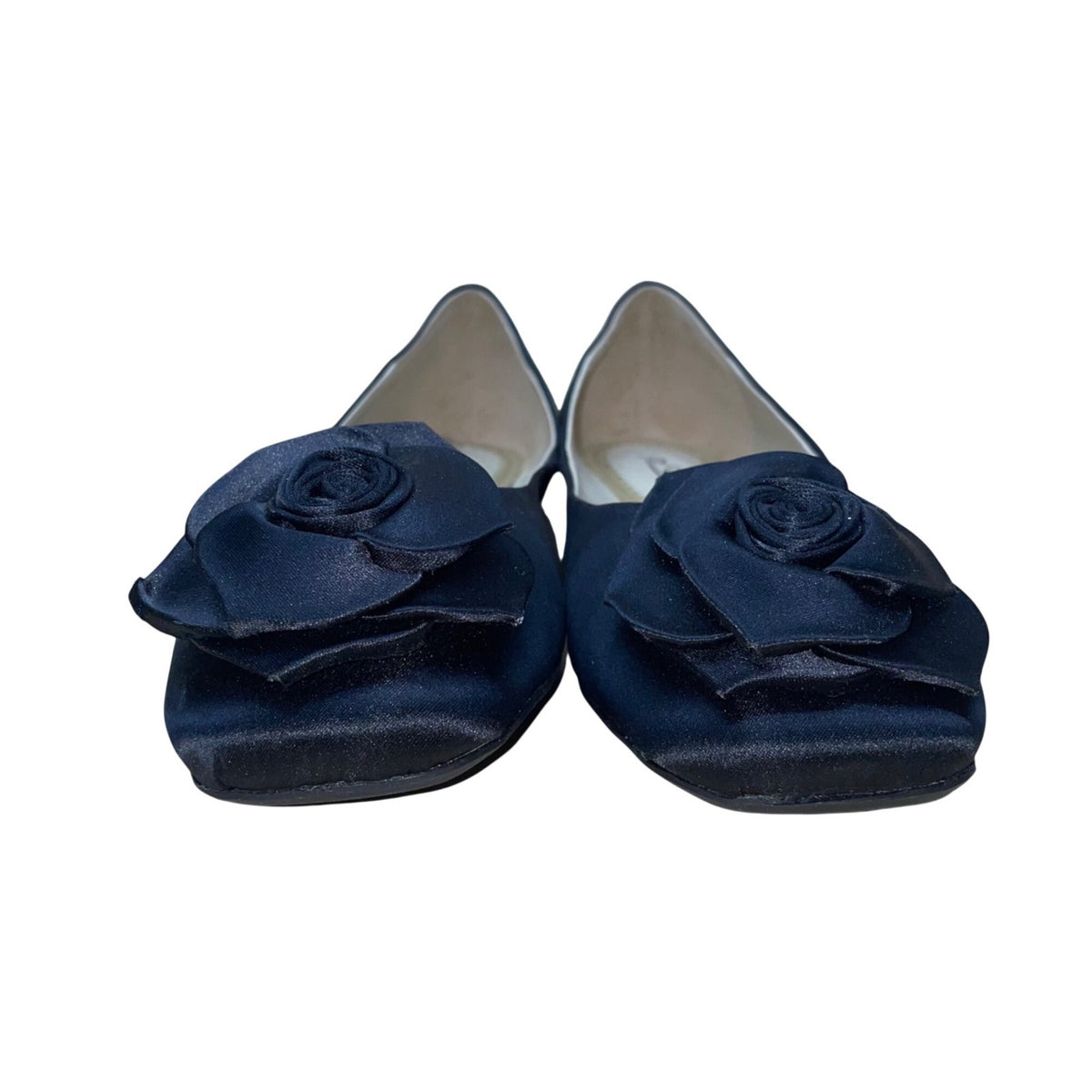 Romantic Soles Women’s Black Satin Decorative Rose Accent Geneva Flats Size 8W
