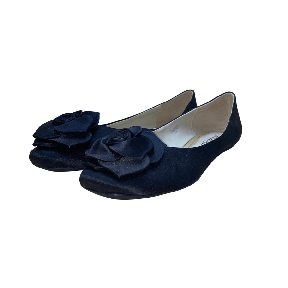 Romantic Soles Women’s Black Satin Decorative Rose Accent Geneva Flats Size 8W