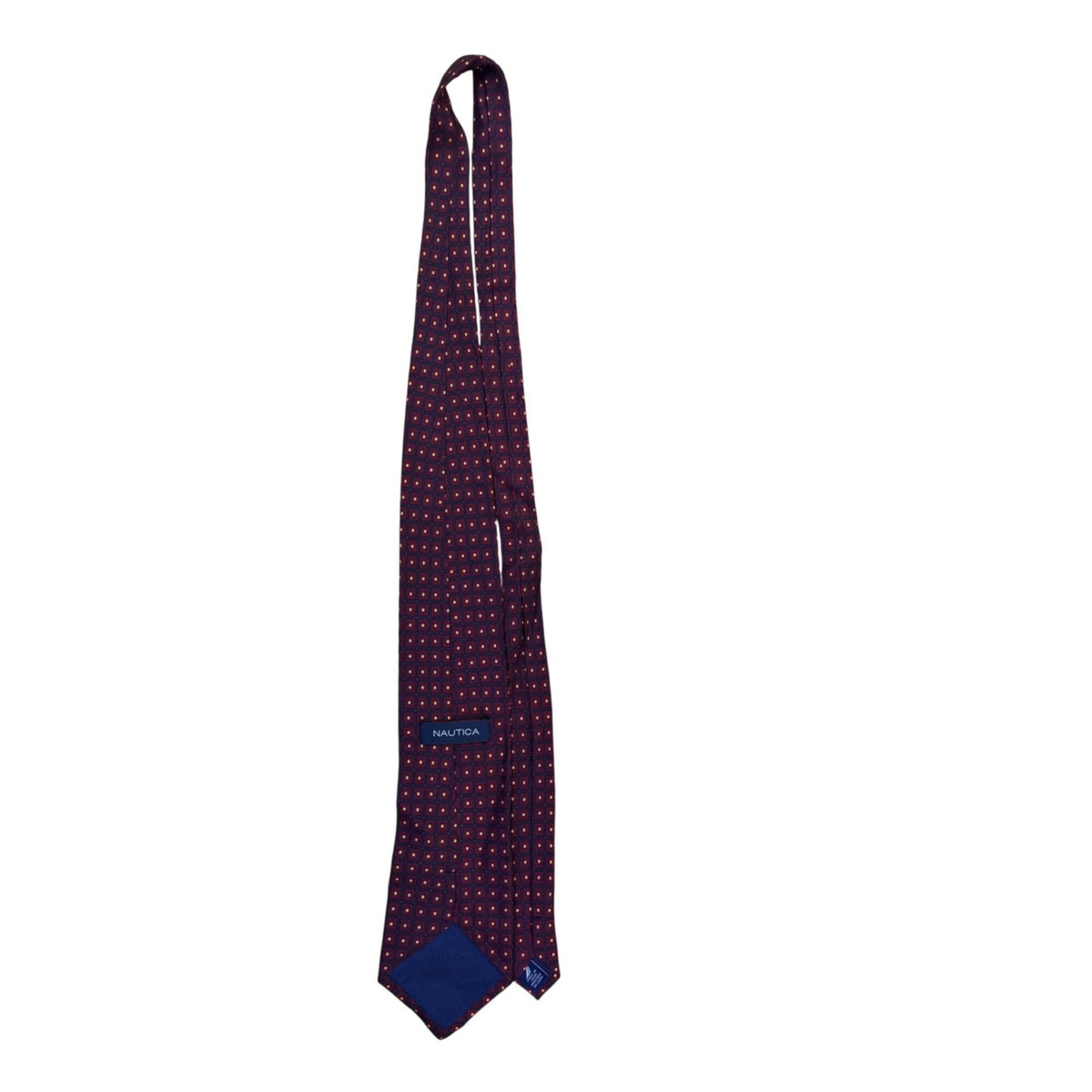 Nautica Mens Burgundy Silk Tie Yellow Square Pattern Classic Necktie
