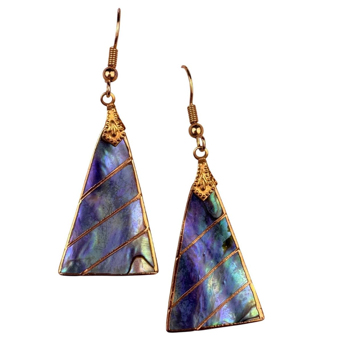 Gold Tone Blue Abalone Shell Dangle Earrings For Women Hook Closure Lightweight