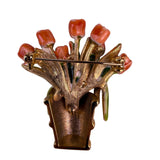 Vintage Gold Tone Enameled Brooch Orange & Green Tulip Flower Basket