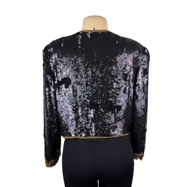 Marie Ellyse Womens Black Sequin & Gold Embellished Silk Cropped Jacket Size L