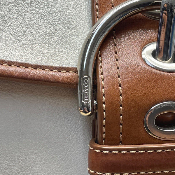 Coach Women’s White & Brown Leather Buckle Flap Detail Shoulder Bag