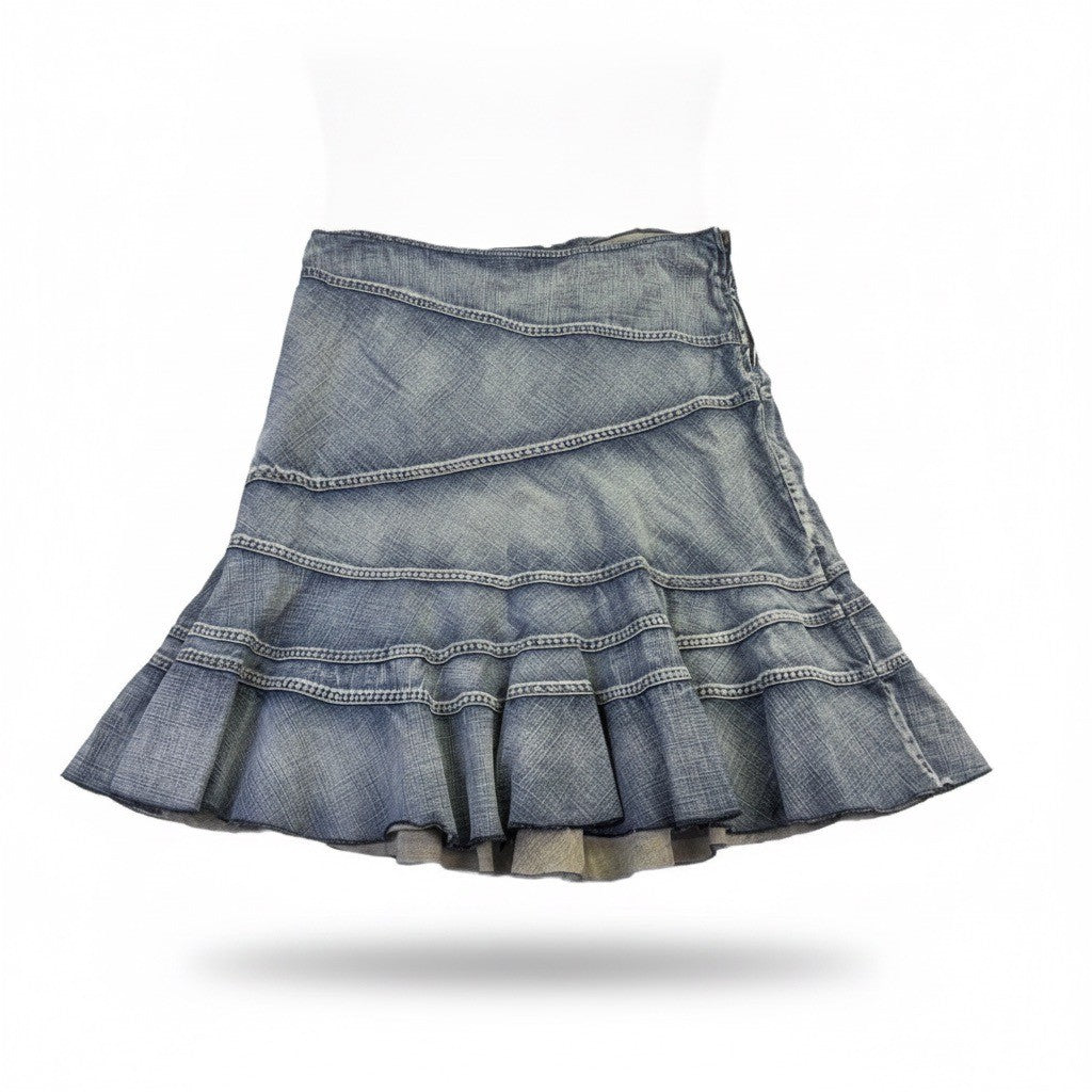 DKNY Womens Blue Cotton Jean Skirt Tiered Design Lightweight & Stylish Size 12 