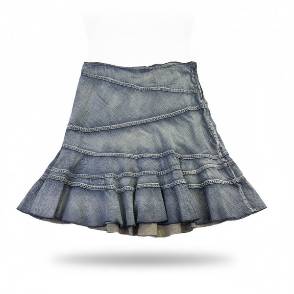 DKNY Womens Blue Cotton Jean Skirt Tiered Design Lightweight & Stylish Size 12 