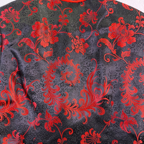 Women Black Red Brocade Floral Mandarin Jacket Laced Up