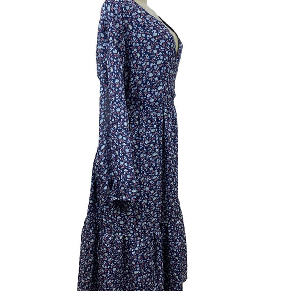 Madewell Womens Floral Midi Dress Blue Polyester Long Sleeve Size L New