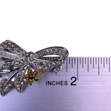 Silver Tone Womens Bow Brooch With Yellow Rhinestones Floral Design Gift Boxed