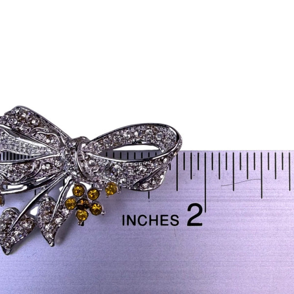 Silver Tone Womens Bow Brooch With Yellow Rhinestones Floral Design Gift Boxed