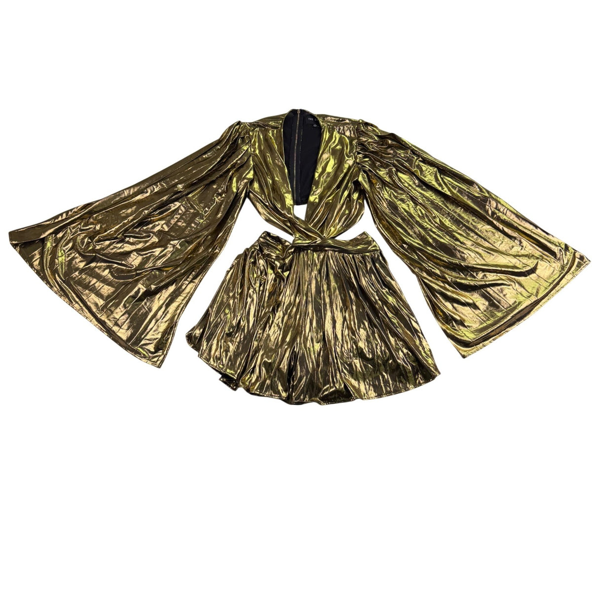 The Sanga Womens Gold Metallic Mini Dress Flared Sleeves Cutout Size M