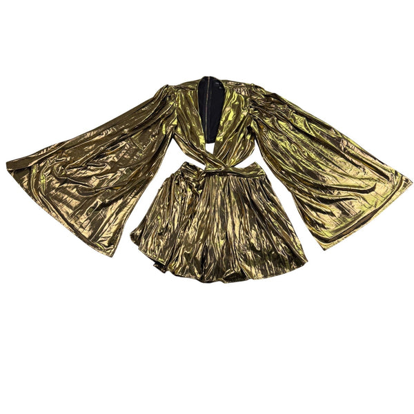 The Sanga Womens Gold Metallic Mini Dress Flared Sleeves Cutout Size M