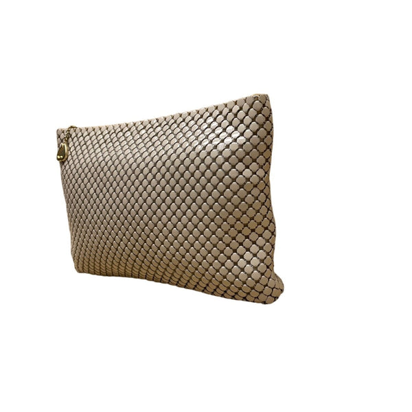 Whiting & Davis Women’s Beige Metal Mesh With Gold Heart Charm Accent Clutch Bag