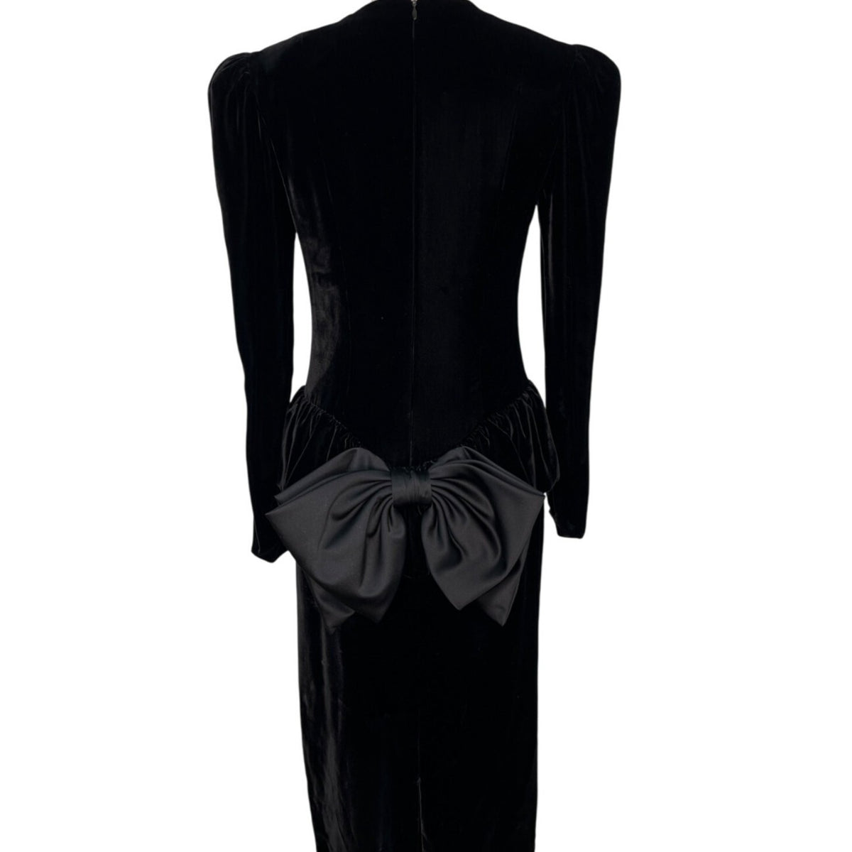 Vtg 80s Wayne Clark Black Velvet Dress With Puff Sleeves & Bow Back Detail Sz 4