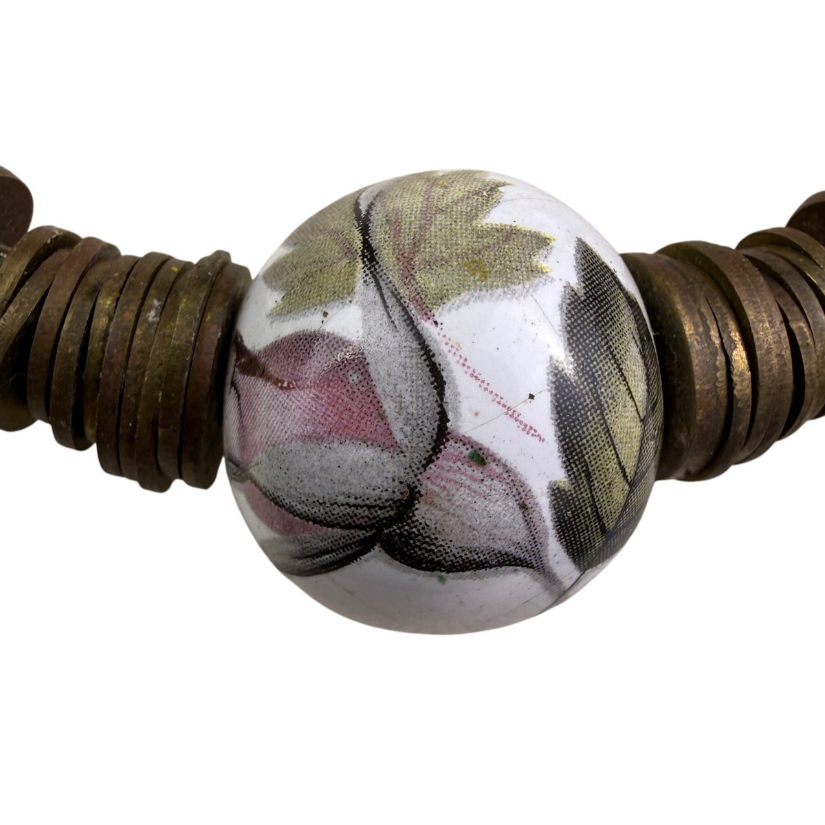 Vintage Floral Hand-Painted Ceramic & Metal Beaded Necklace Adjustable Length