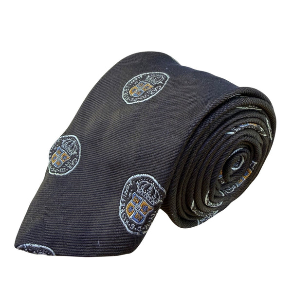 Saint Laurent Mens Black Silk Printed Tie All-Over Emblem Design Formal Acc