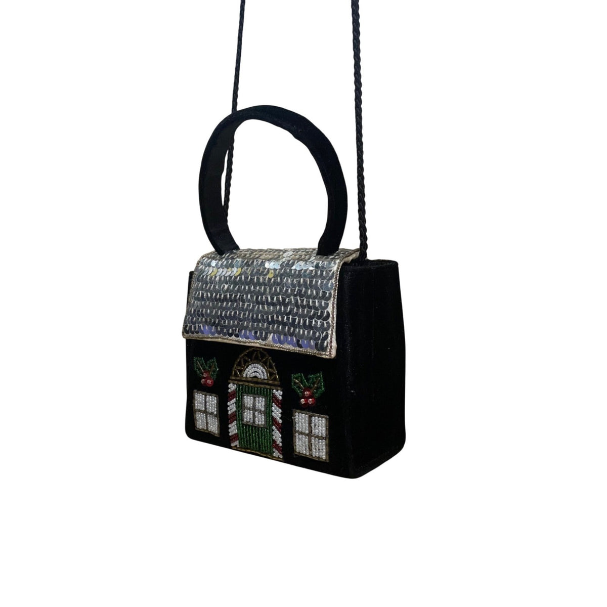 Confetti Women’s Black Velvet & Sequin Holiday House Handbag With Handle & Strap