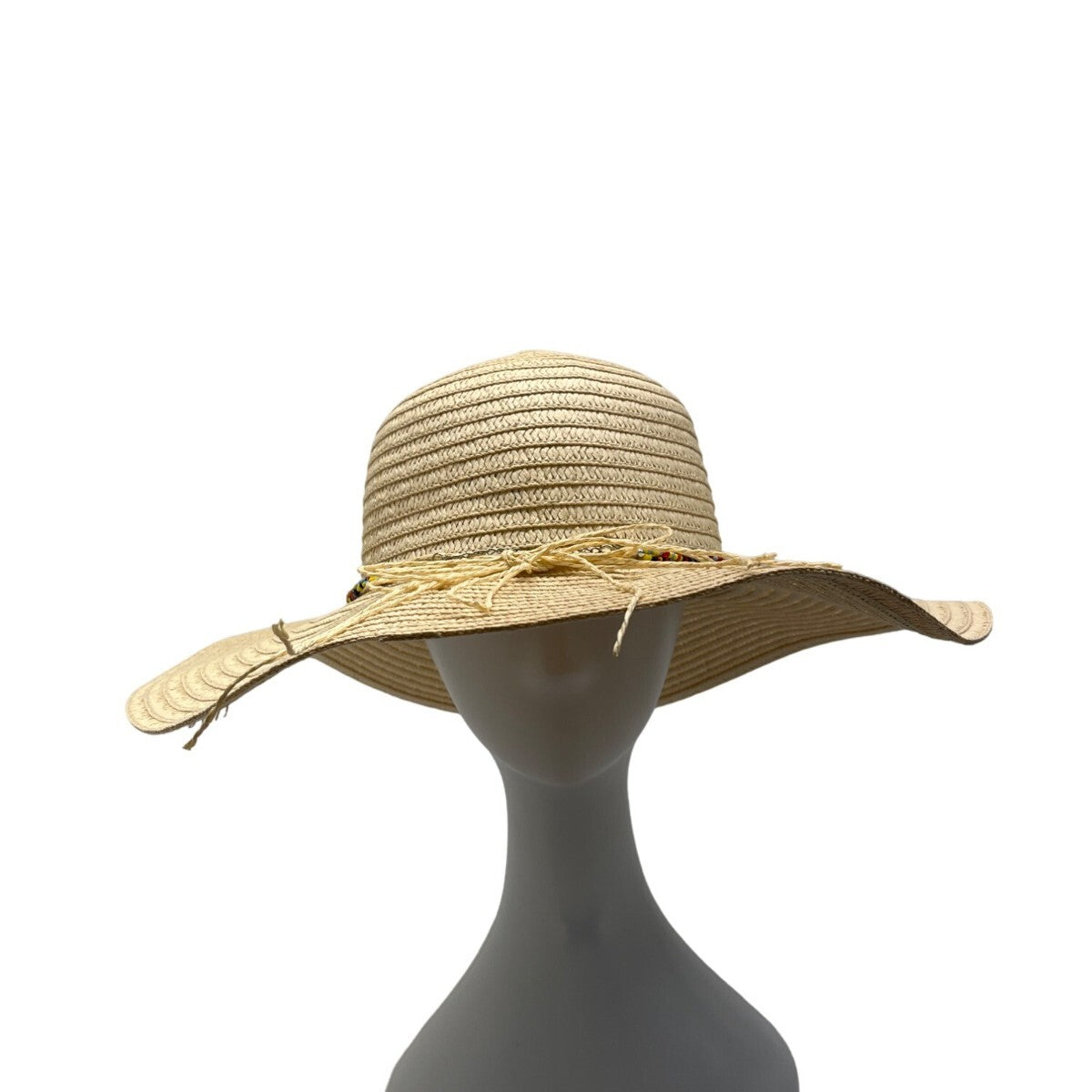Head Wear Wide Brim Straw Sun Hat With Beaded & Shell Band For Women