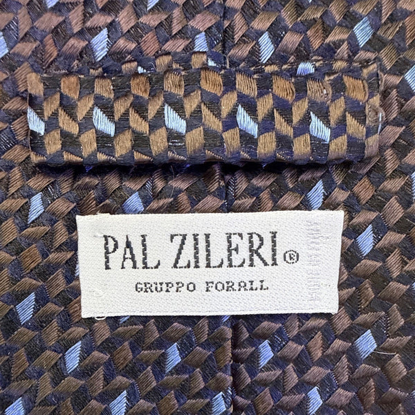 Pal Zileri Mens Brown & Blue Woven Silk Necktie Geometric Pattern Made In Italy