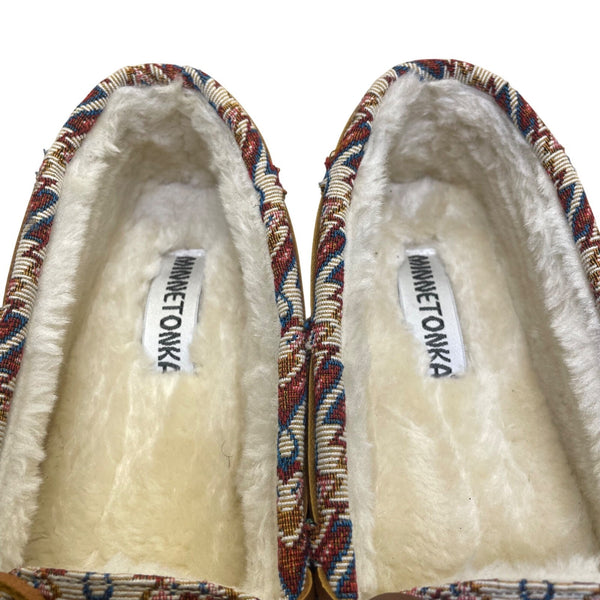 Minnetonka Women’s Multicolor Tribal Pattern Faux Fur Moccasin Slippers Size 10M