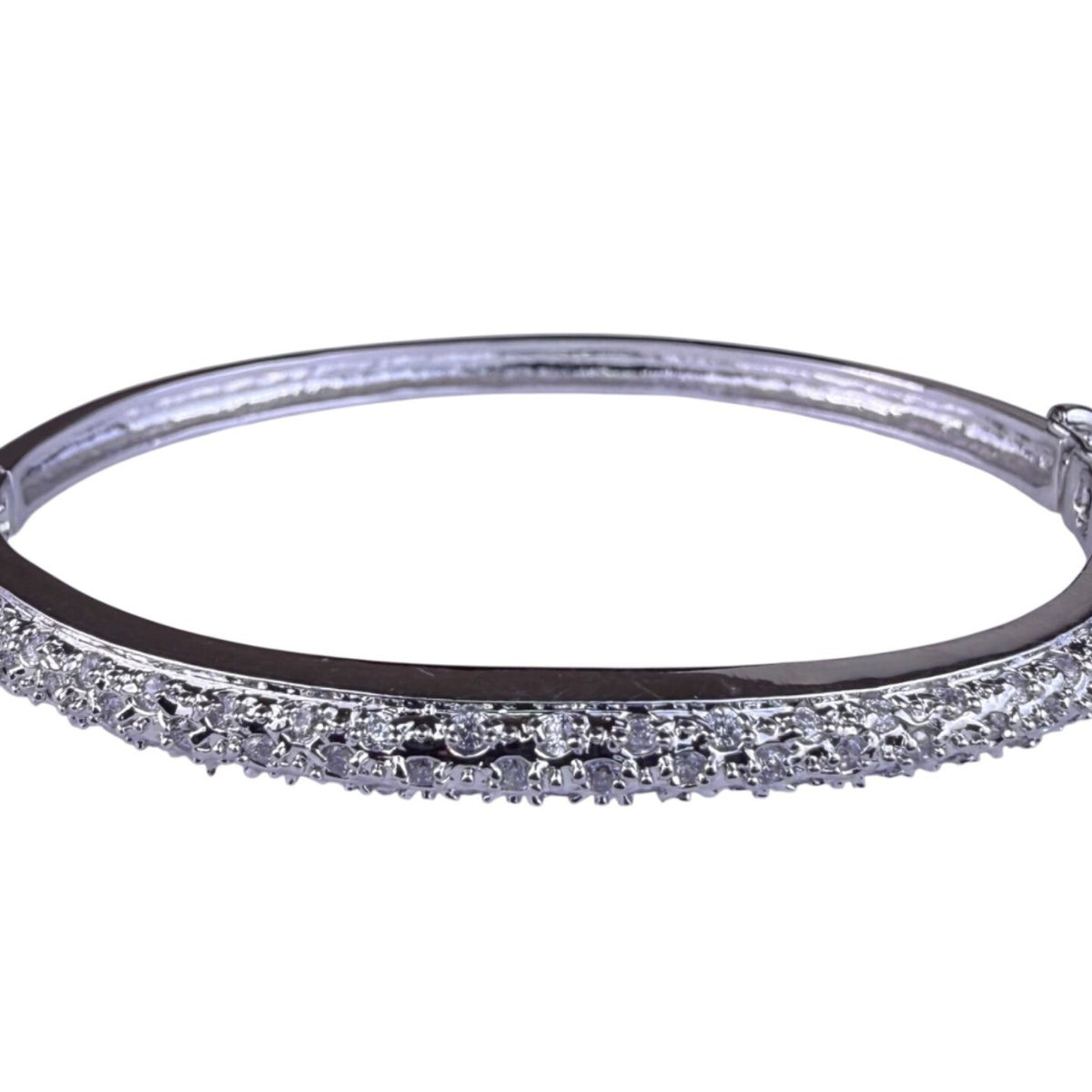 Silver Tone Womens Pavé Crystal Hinged Bangle Bracelet Elegant Design Approx 7"