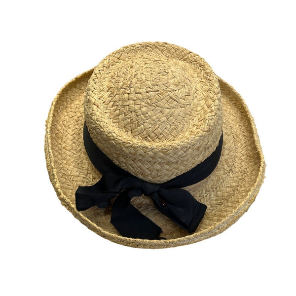 Vintage Straw Hat Black Ribbon Bow Design By Fiesta Santa Barbara One Size