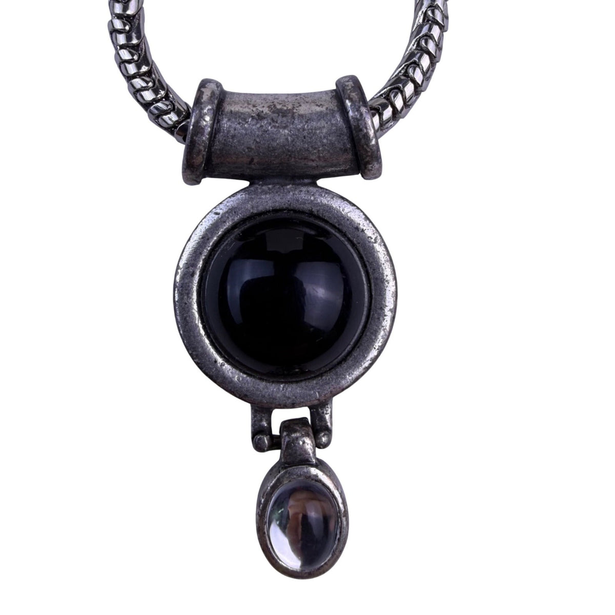 Chicos Womens Silver Tone Chain Necklace Black & Clear Faux Stone Pendant