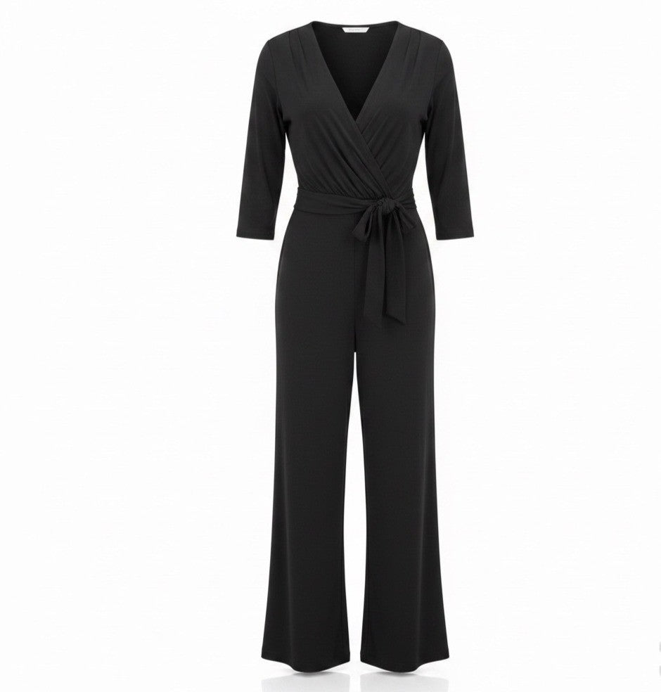 Chicos Womens Black Faux-Wrap Tie-Belt Jumpsuit Size 2 (12/14 )