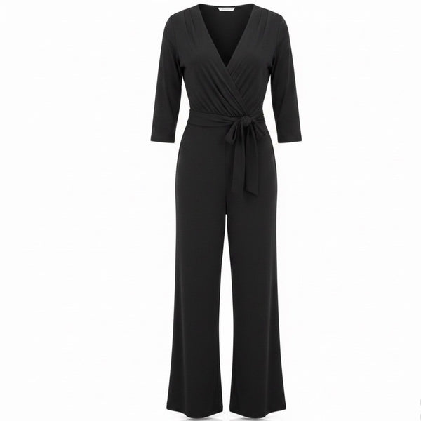 Chicos Womens Black Faux-Wrap Tie-Belt Jumpsuit Size 2 (12/14 )