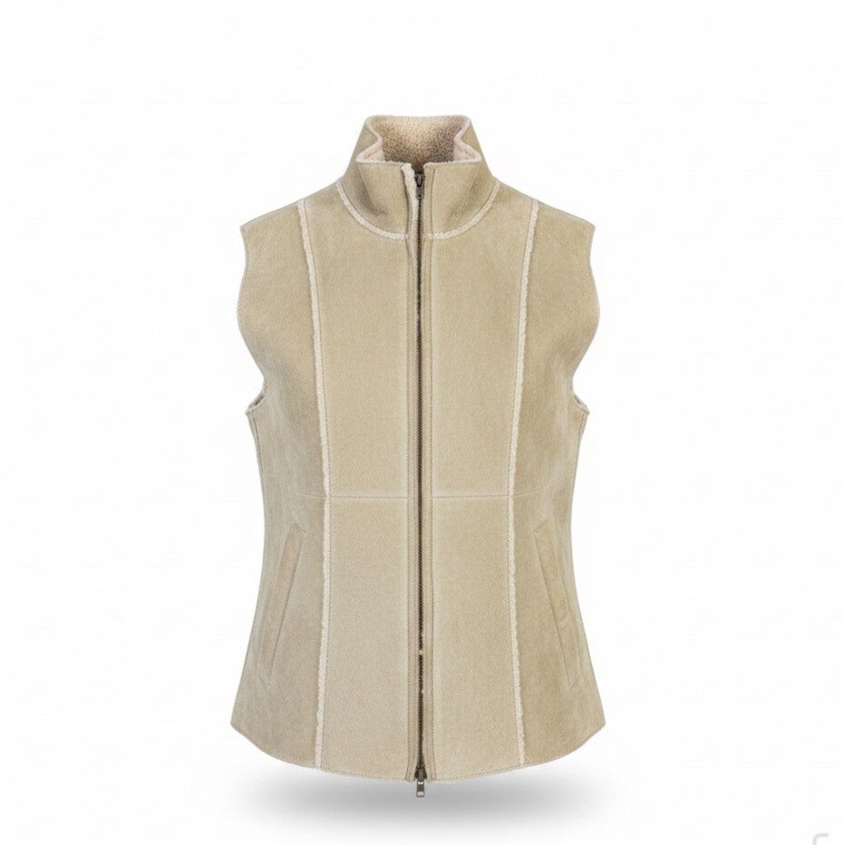 Express Womens Beige Faux Leather Sherpa Lined Zip-Up Vest Size XS