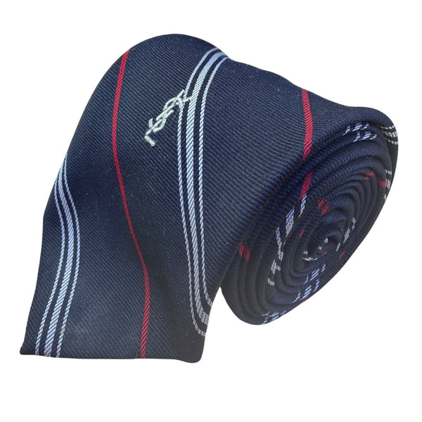 Y Saint Laurent Mens Navy Silk Tie Striped Pattern Red & White Accents