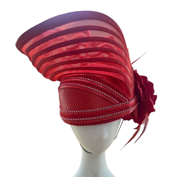 Elegant Red Sinamay Womens Hat With Floral Accents & Decorative Mesh Detailing