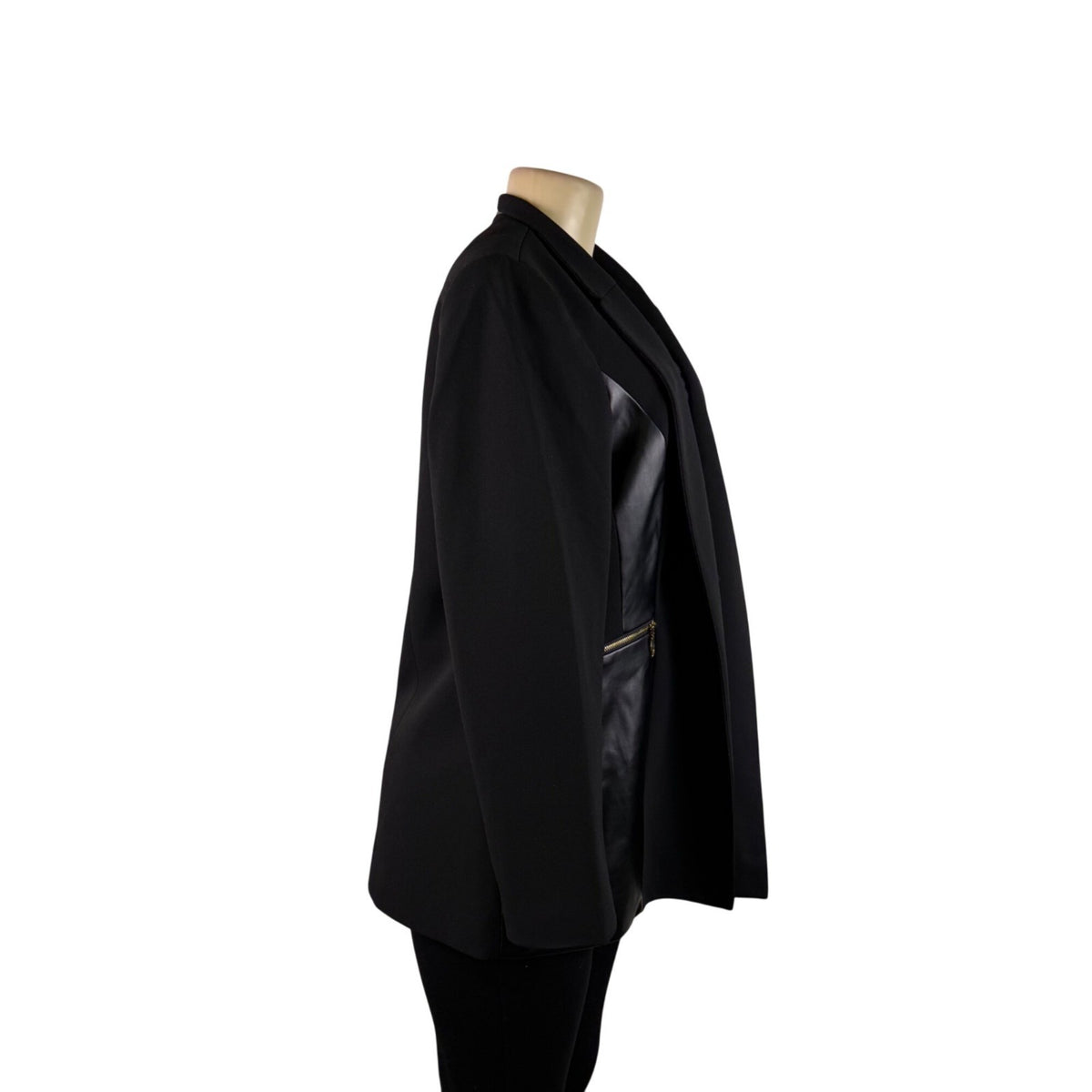 Anne Klein Womens Black Blazer With Faux Leather Accents Open Front Sz L