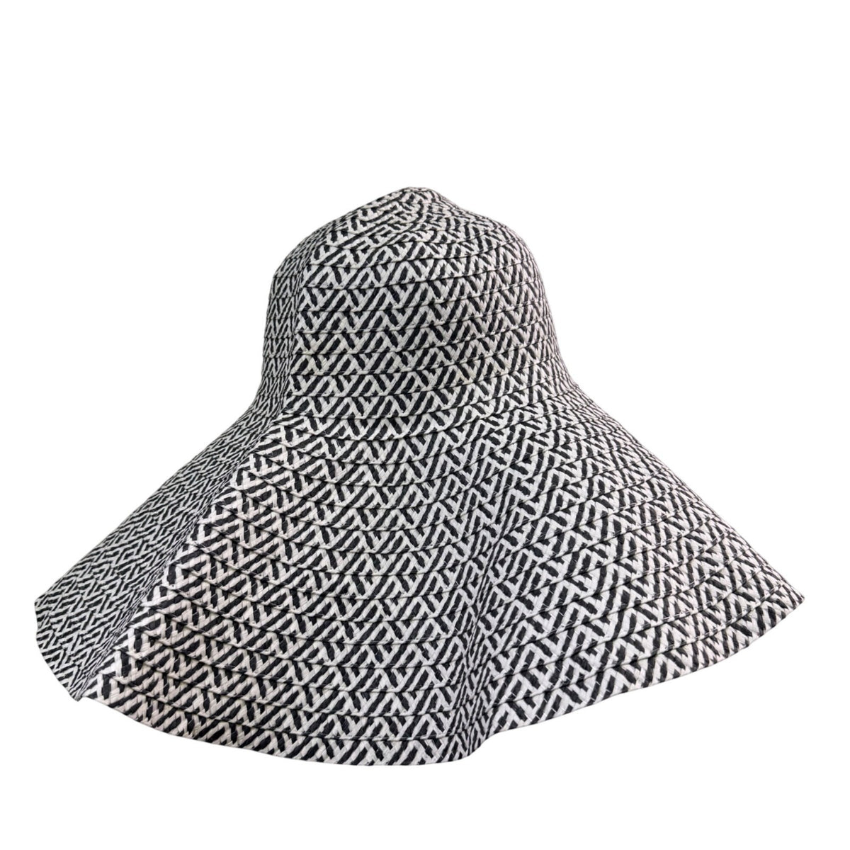 Wide Brim Black & White Cotton Womens Summer Sun Hat With Geometric Print