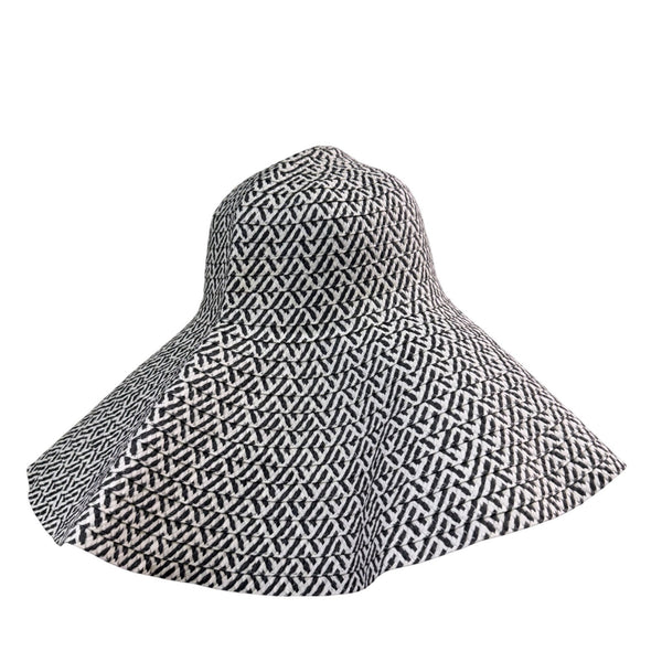 Wide Brim Black & White Cotton Womens Summer Sun Hat With Geometric Print