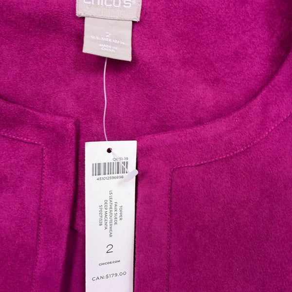 Chicos Womens Magenta Faux Suede Topper Open Long Sleeve Jacket Size 2