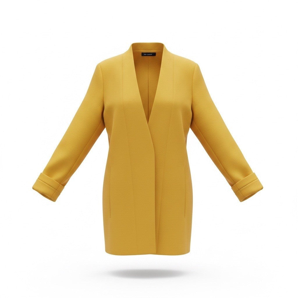 Shinesstar Womens Yellow Polyester Open Front Long Jacket Stylish Layer Size M 