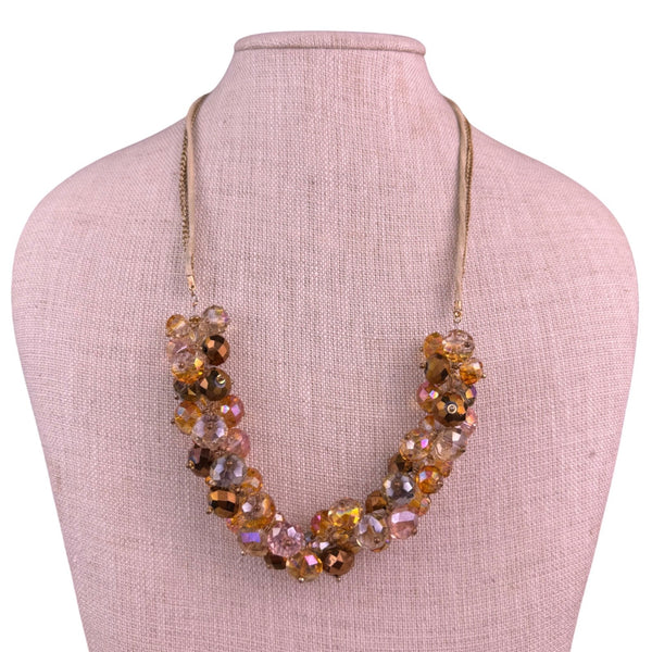 Ali-Khan Womens Amber Glass Bead Cluster Necklace Gold Tone Adjustable Chain