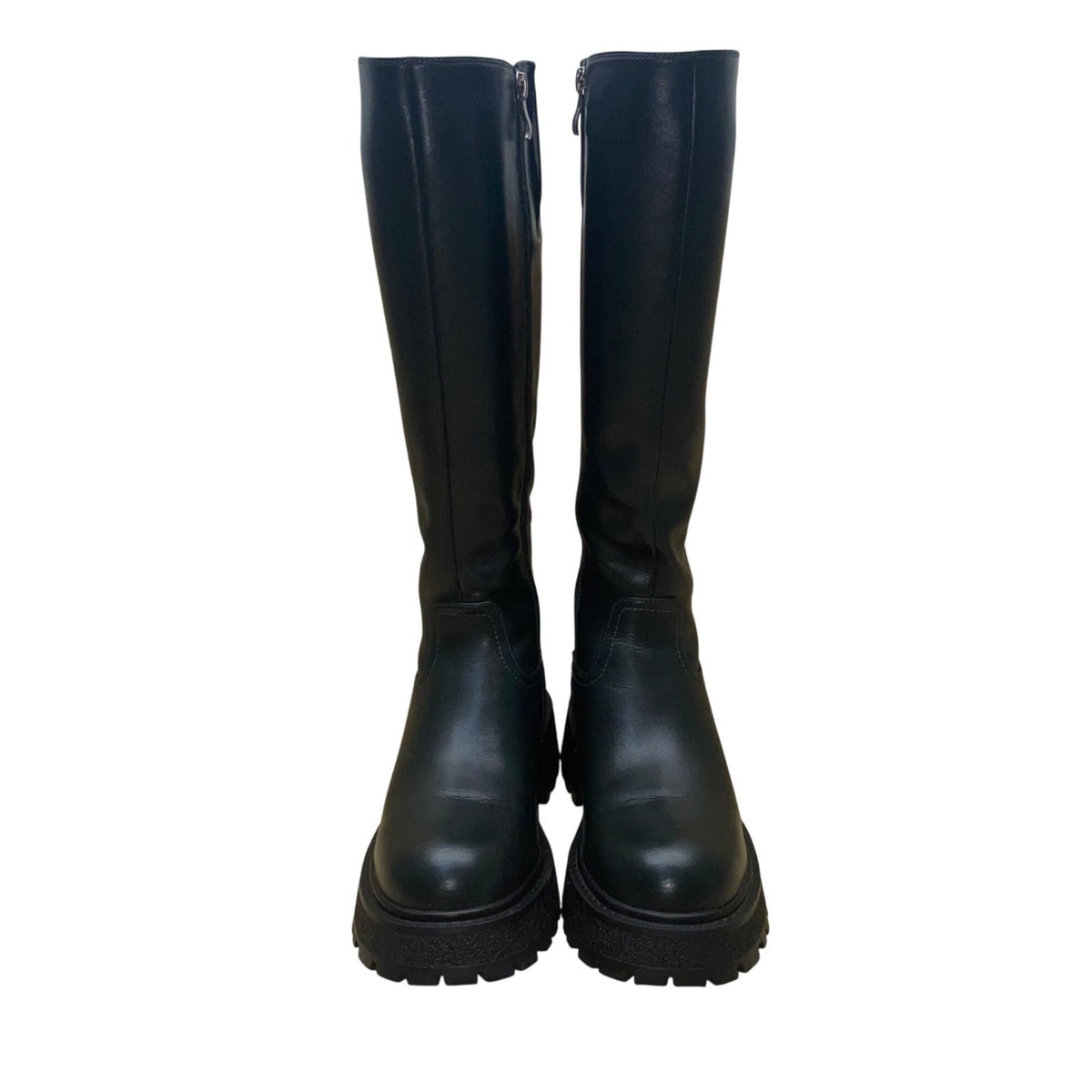 El Tempo Women’s Black Leather Zip Up Knee-High Chunky Sole Boots Size US8