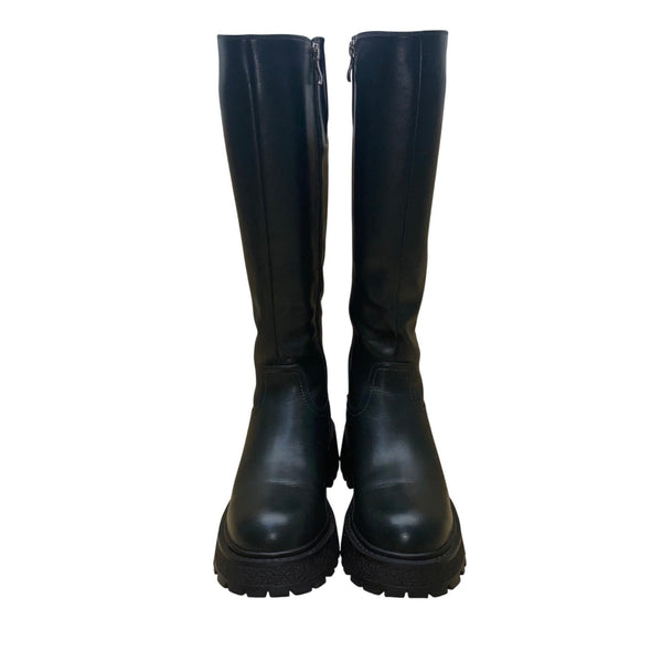 El Tempo Women’s Black Leather Zip Up Knee-High Chunky Sole Boots Size US8