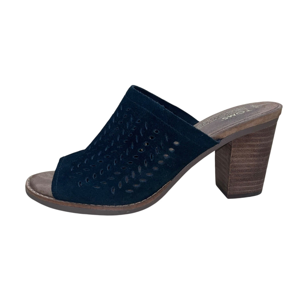 Toms Women’s Black & Brown Suede Laser-Cut Open-Toe Block Heel Sandals Size 7.5