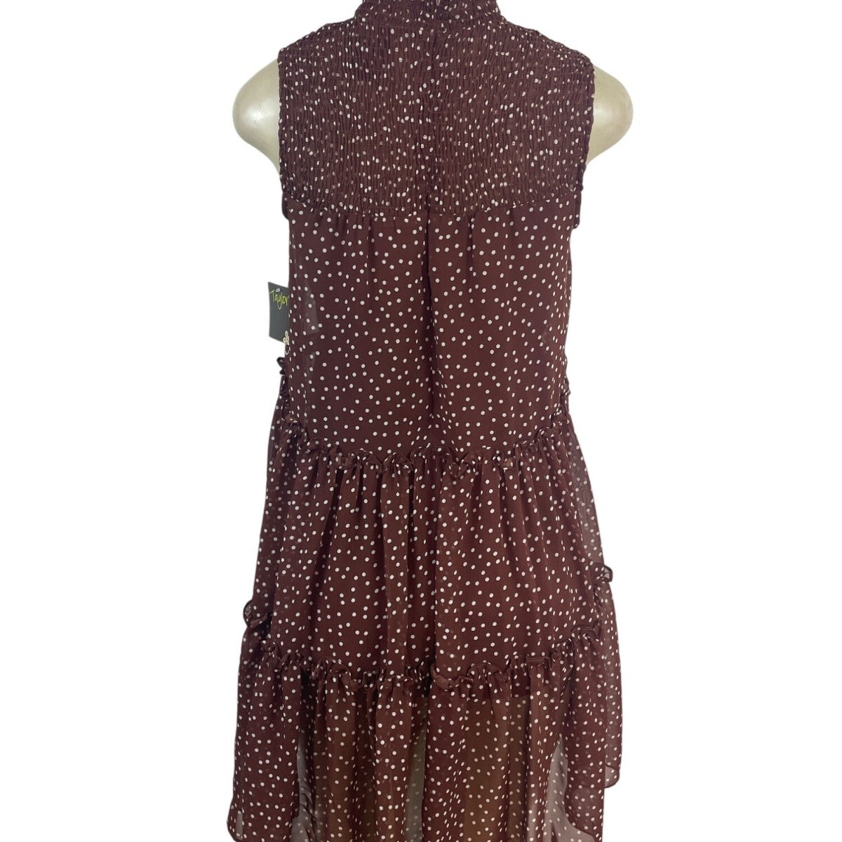 Taylor Women's Brown Polka Dot Tiered Dress With Mock Neck Sz XS - New