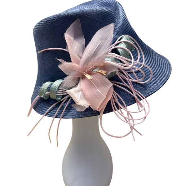 Vtg Nordstrom Blue Straw Hat W/ Pink Floral Accent & Green Ribbon Embellishment